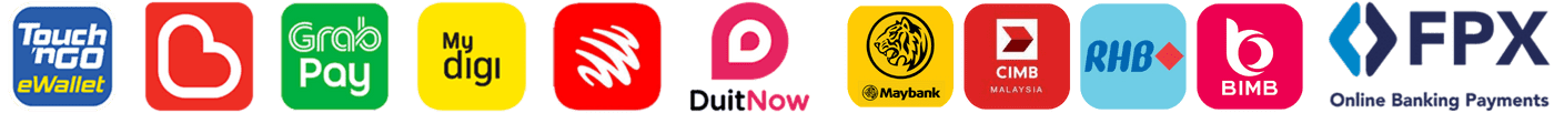 Accepted Payment Methods: Touch 'n Go eWallet, Boost, GrabPay, MyDigi, DuitNow, Maybank, CIMB